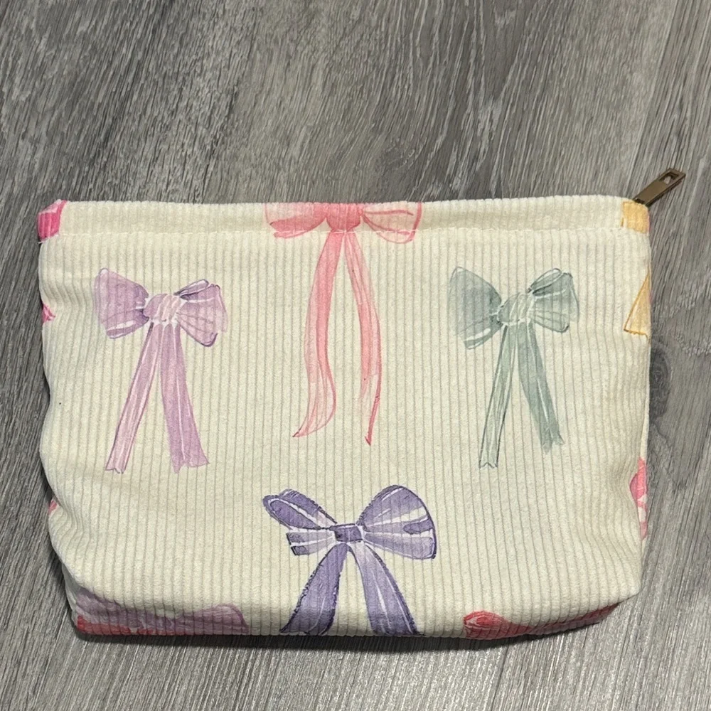 Bow Print Makeup Travel Toiletry Pouch Clutch Bag Zipper Soft Colorful Girls